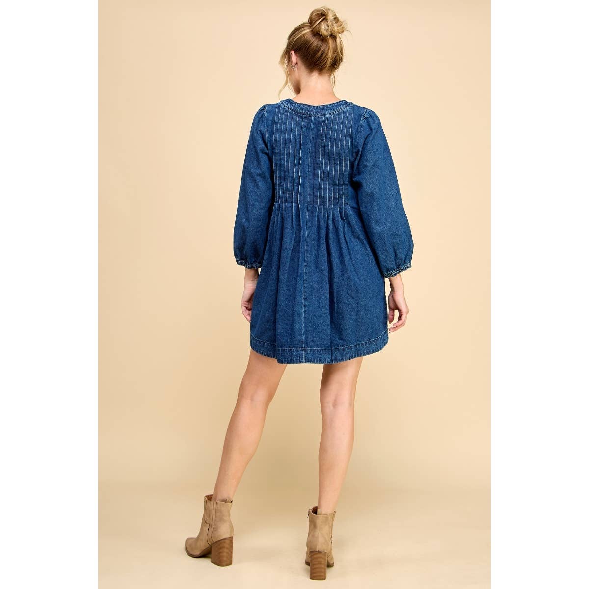 V-neck Pleated Denim Dress