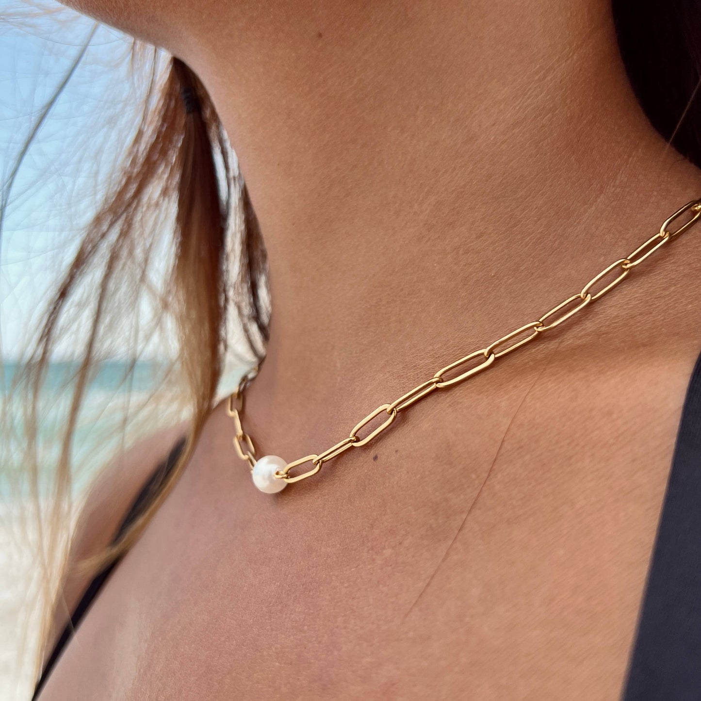 Gold Paperclip Necklace With Pearl 16"