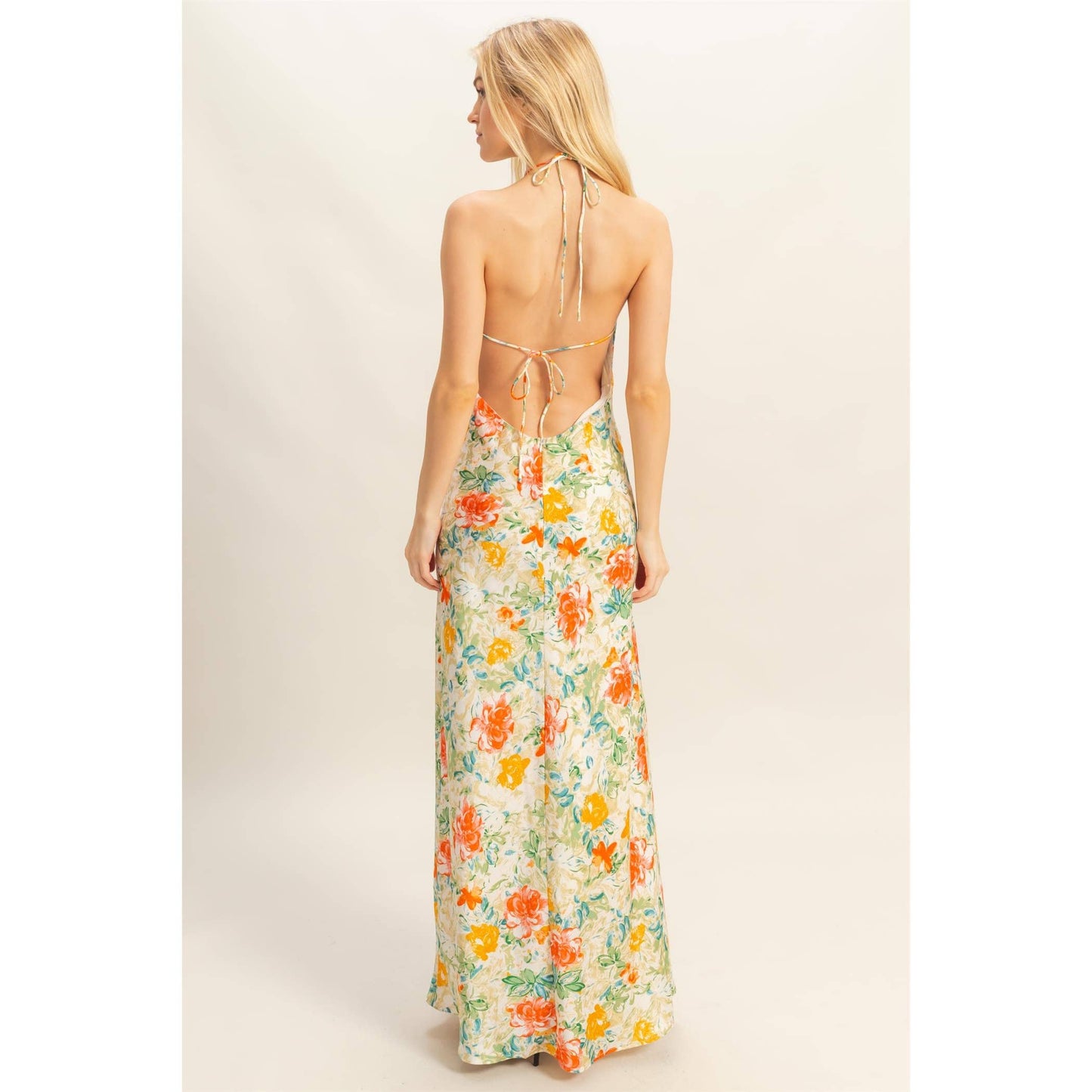 Floral Print Halter Neck Satin Maxi Dress