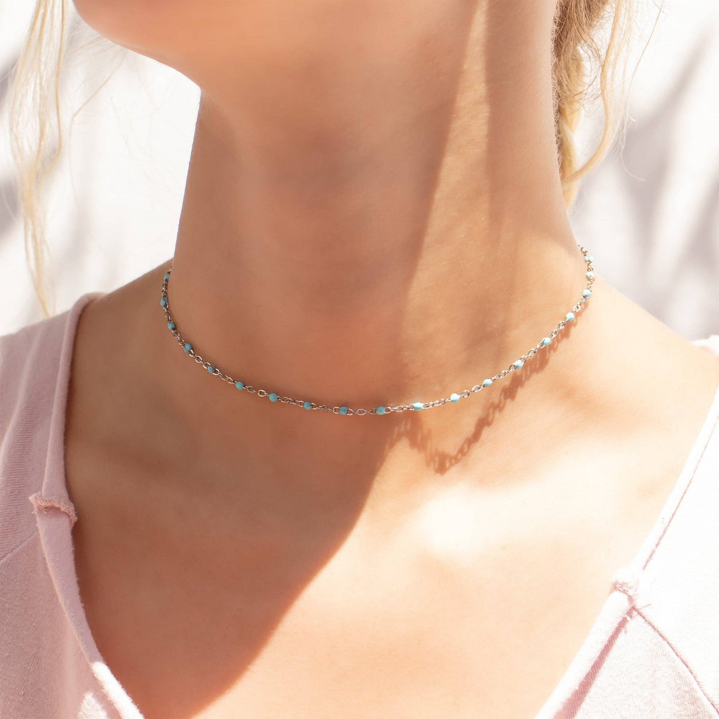 Stainless Turquoise Chain Necklace: 16"