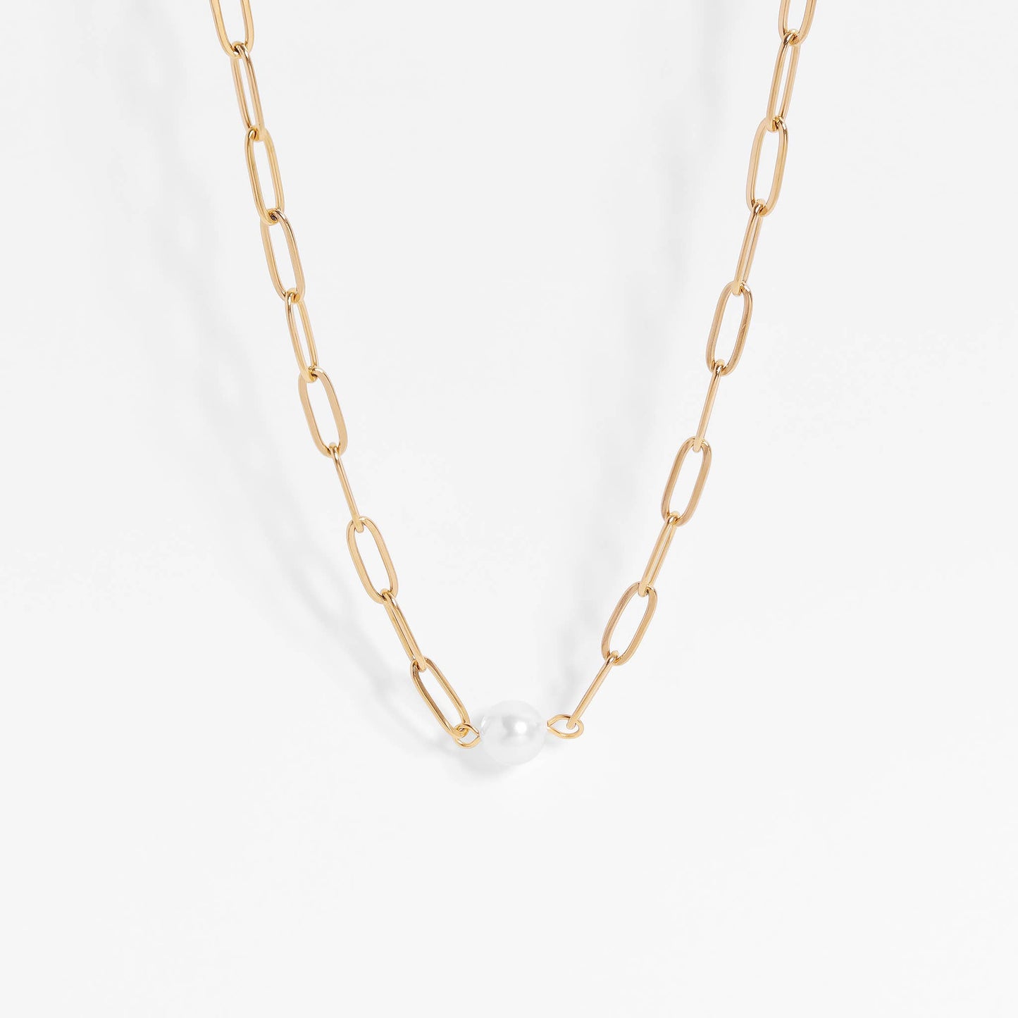 Gold Paperclip Necklace With Pearl 16"