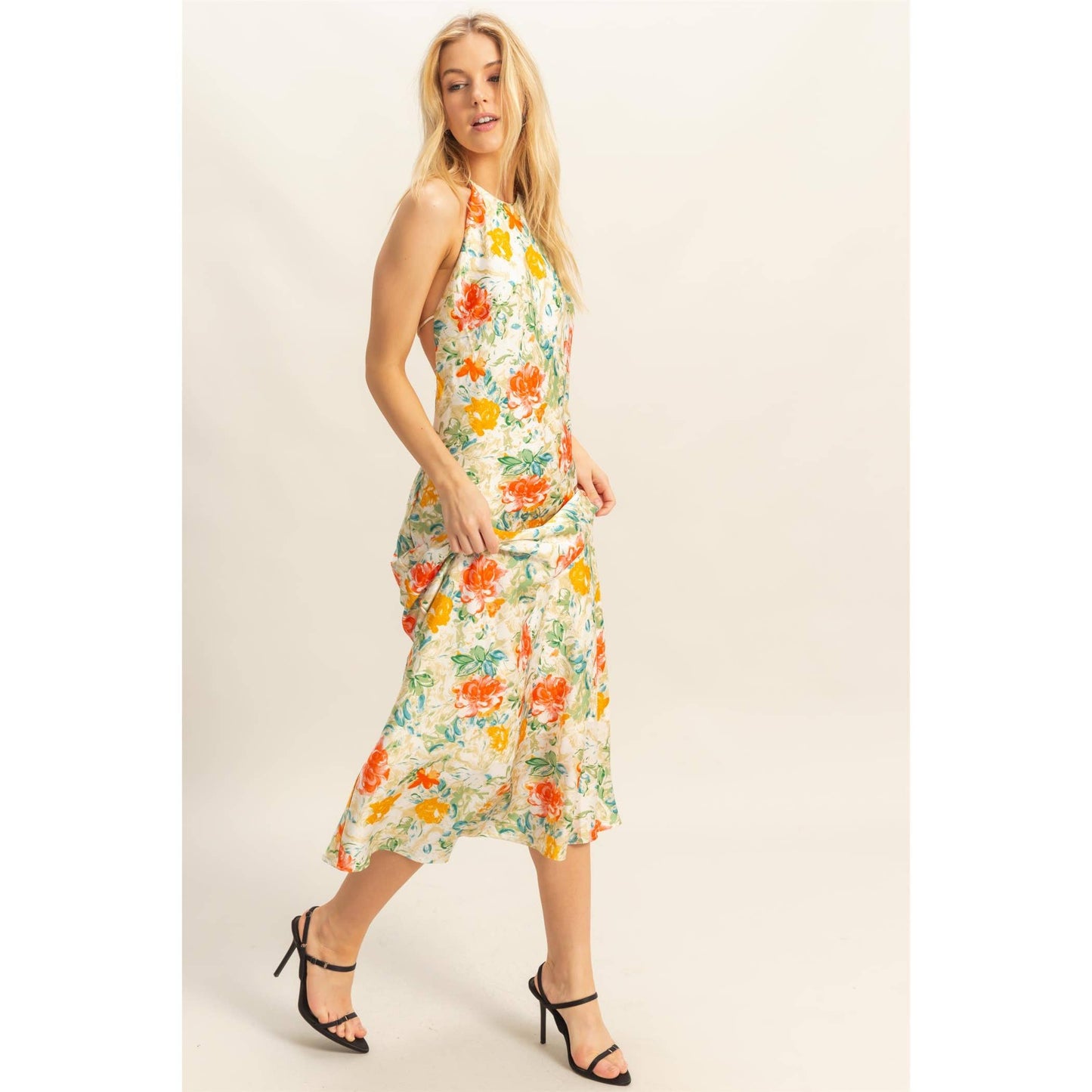 Floral Print Halter Neck Satin Maxi Dress