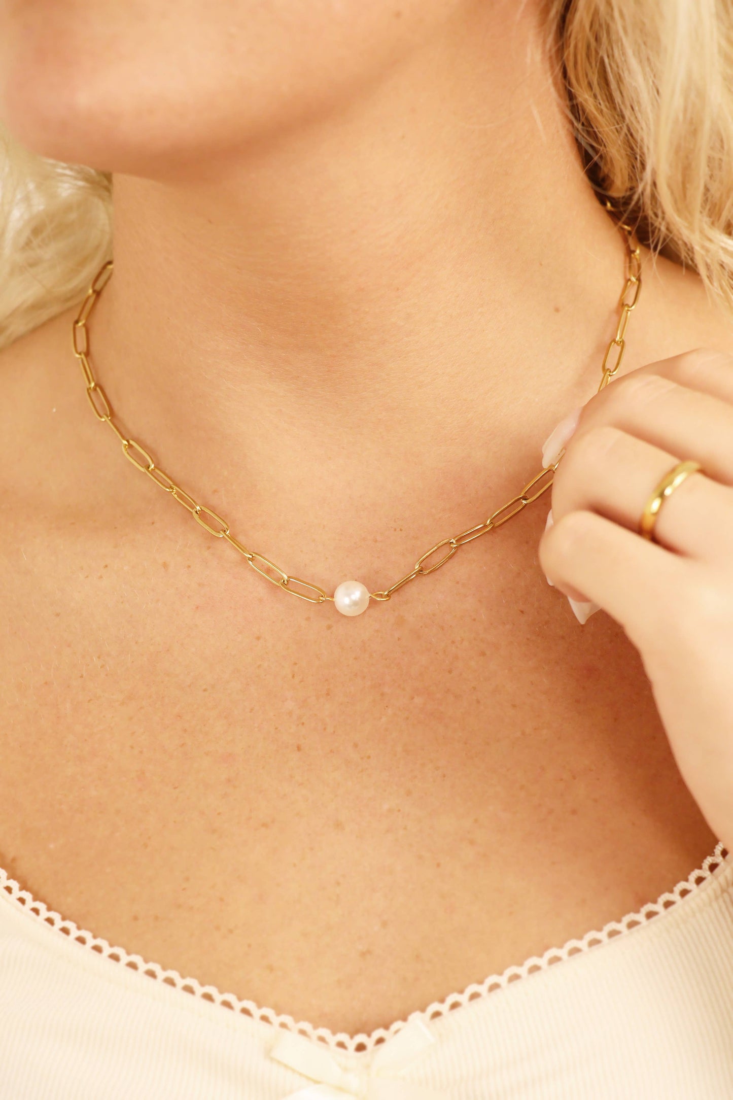 Gold Paperclip Necklace With Pearl 16"