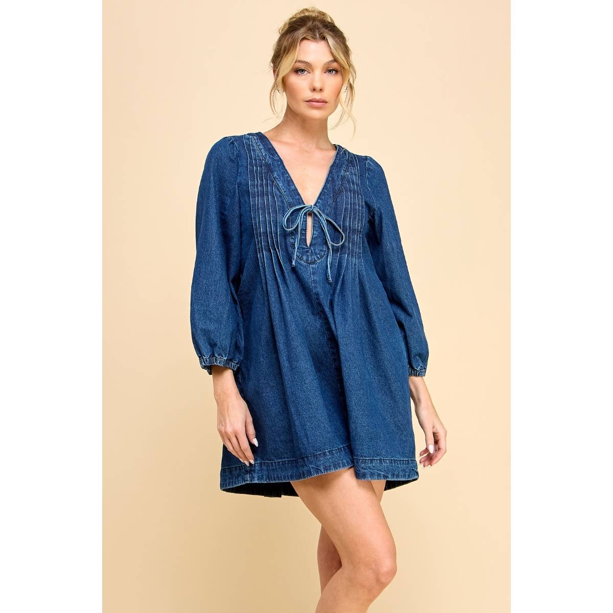 V-neck Pleated Denim Dress