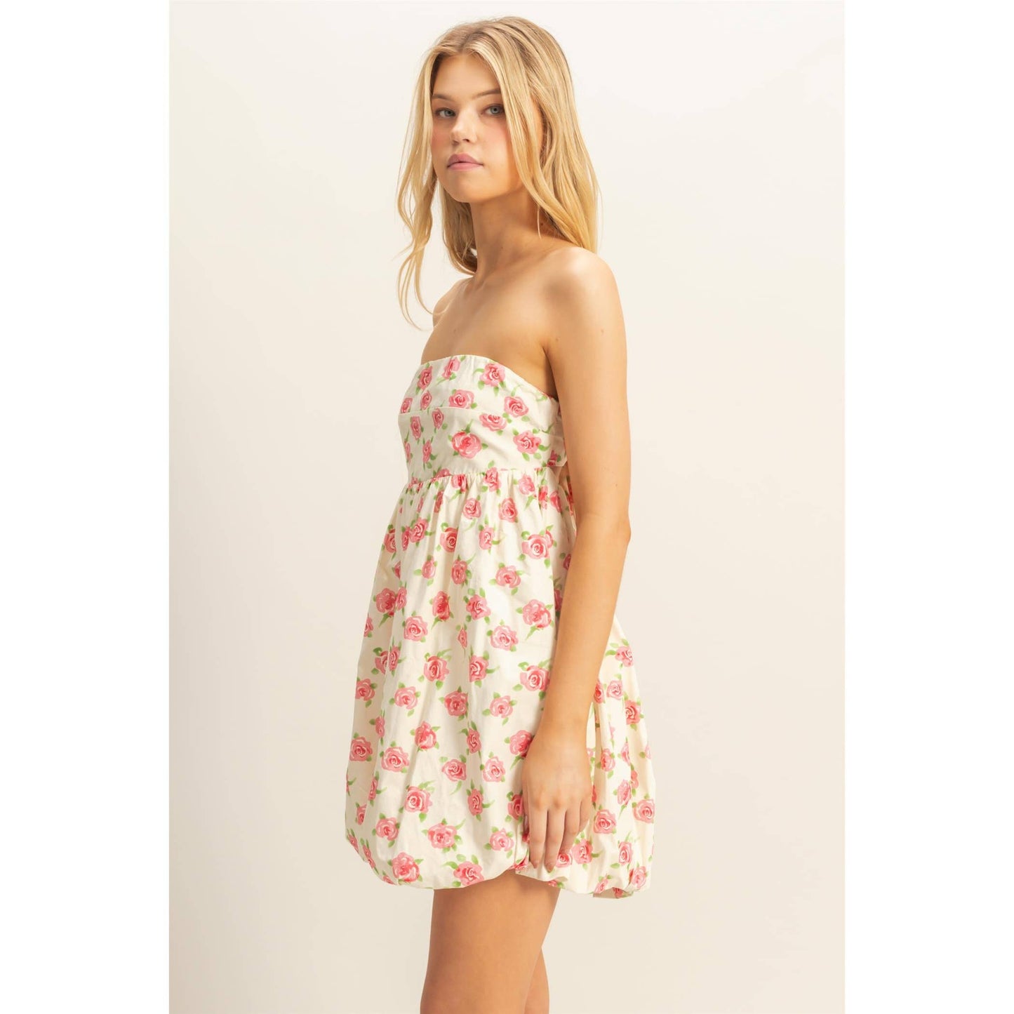 Floral Strapless Bubble Hem Mini Dress