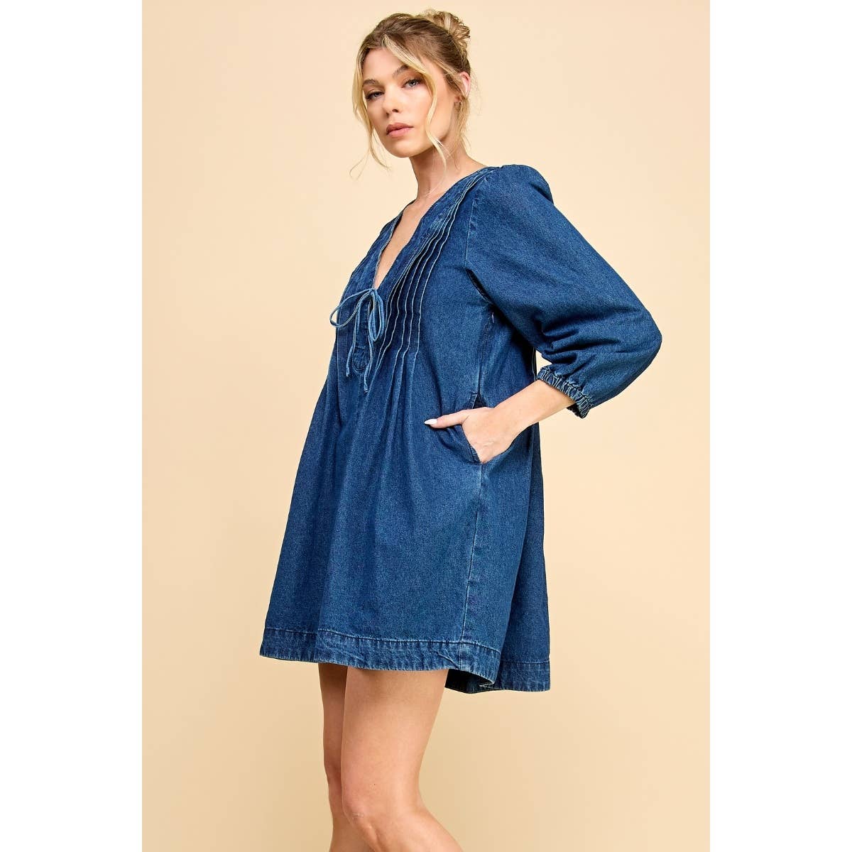V-neck Pleated Denim Dress