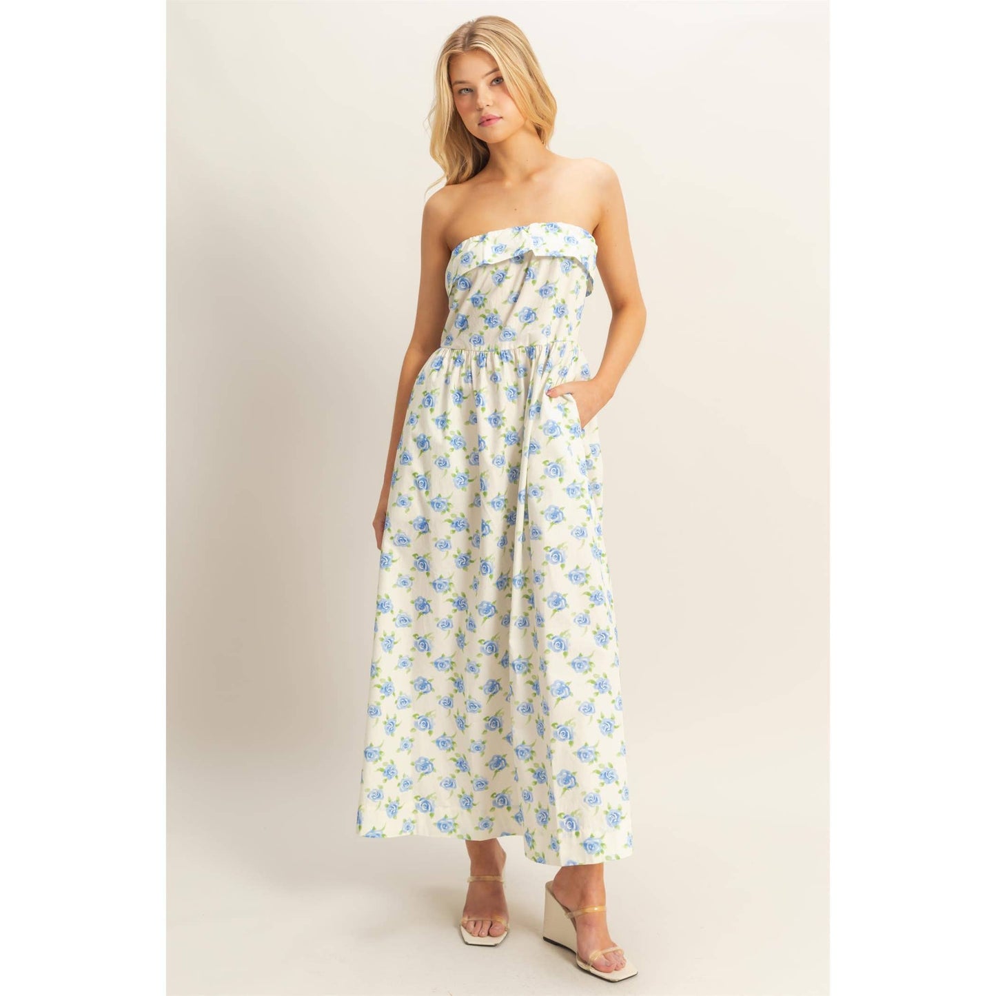 Floral Foldover Neck Tube Maxi Dress
