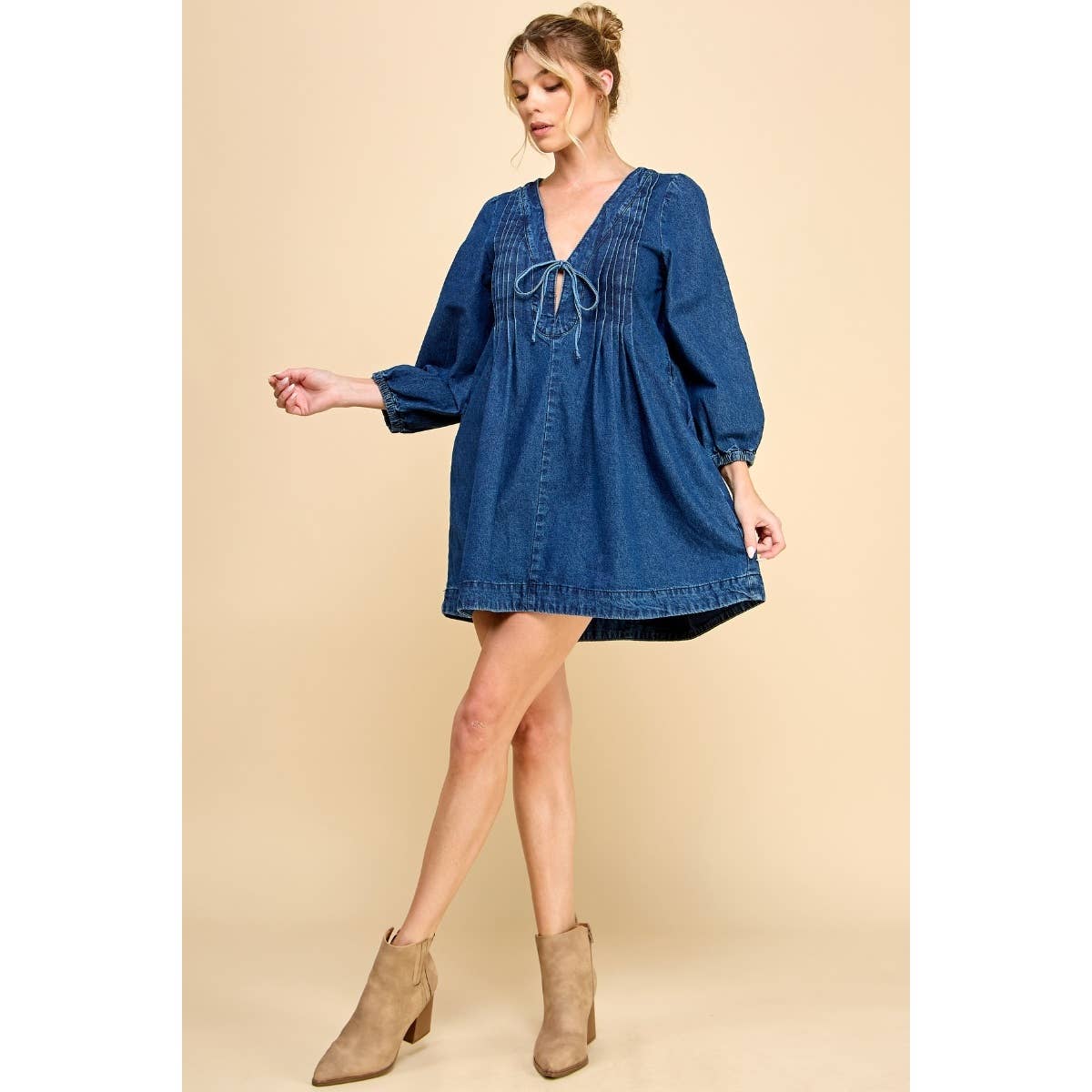 V-neck Pleated Denim Dress