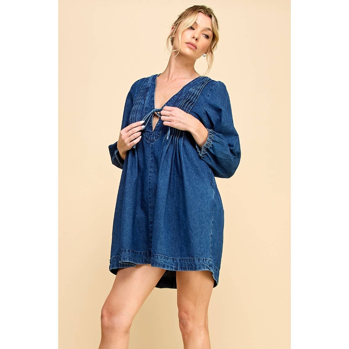 V-neck Pleated Denim Dress