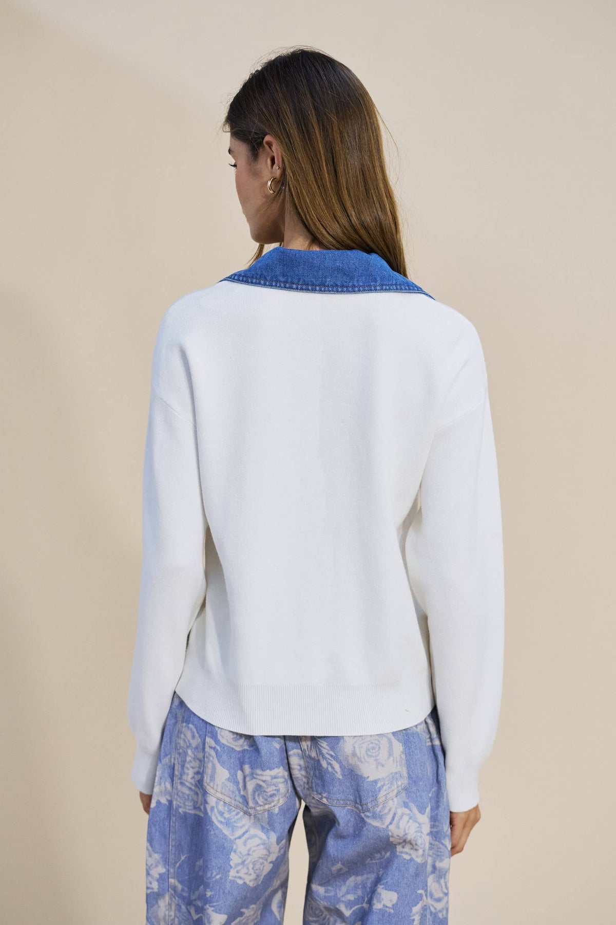 Denim Collar Long Sleeve Top