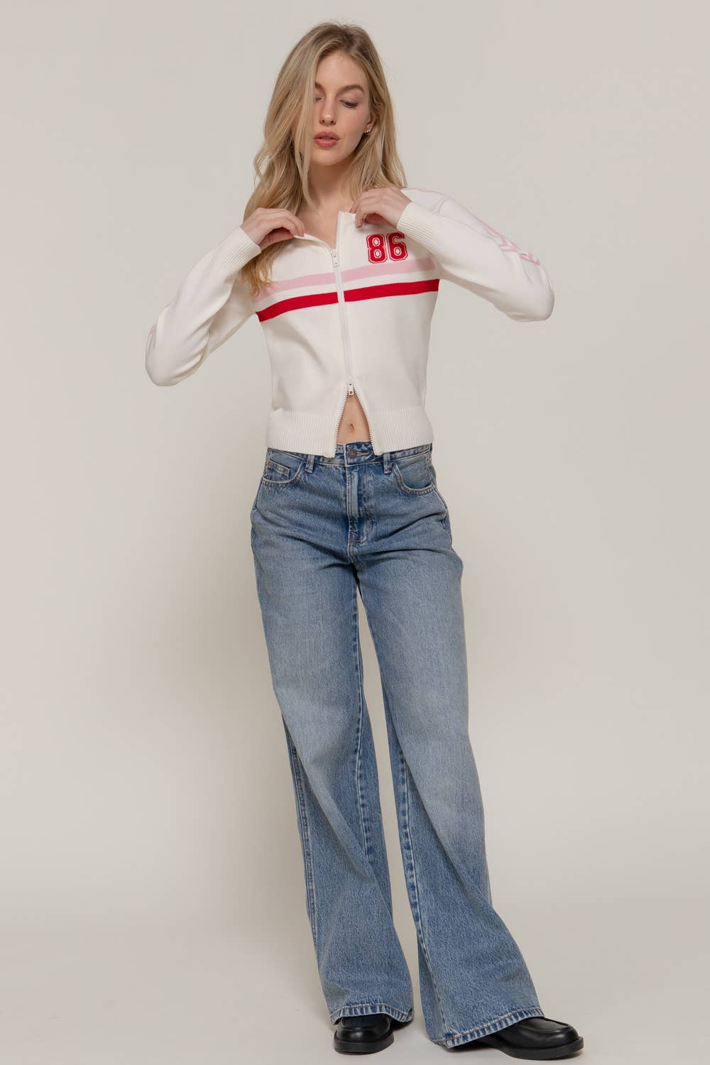 86 Line Detail Zip-Up Sweater Cardigan