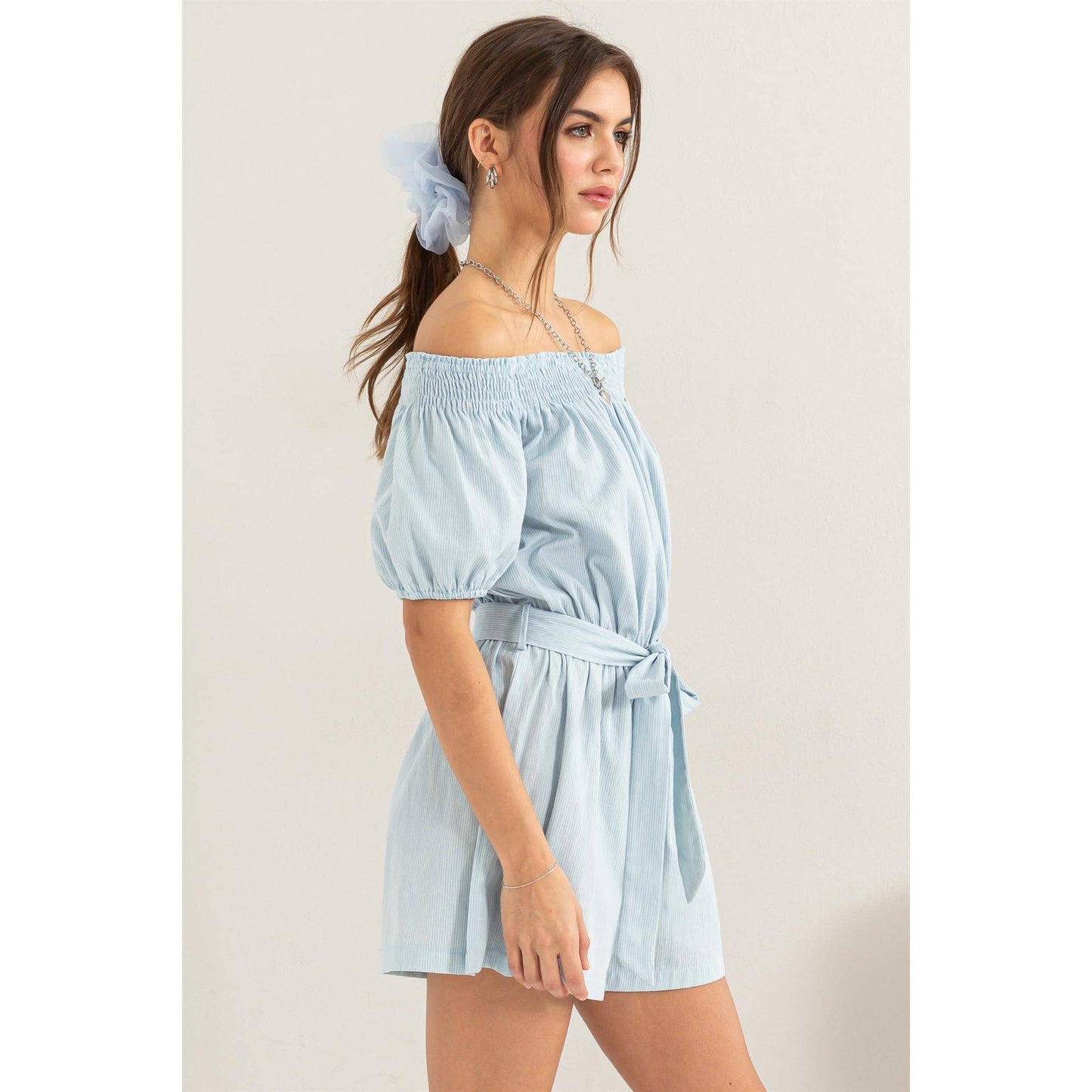 Denim Pin-striped Off Shoulder Romper