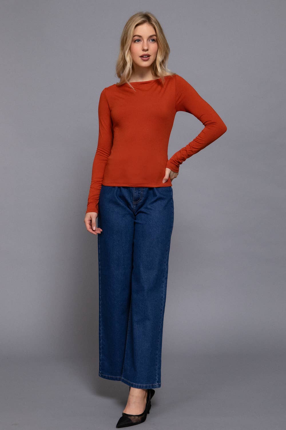Long Sleeve Boat Neck Knit Top