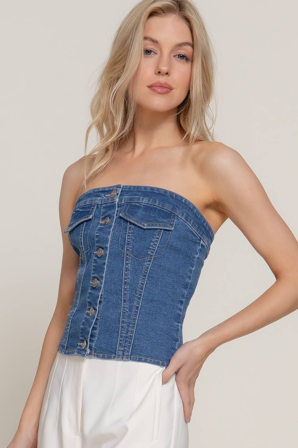 Button Denim Tube Top