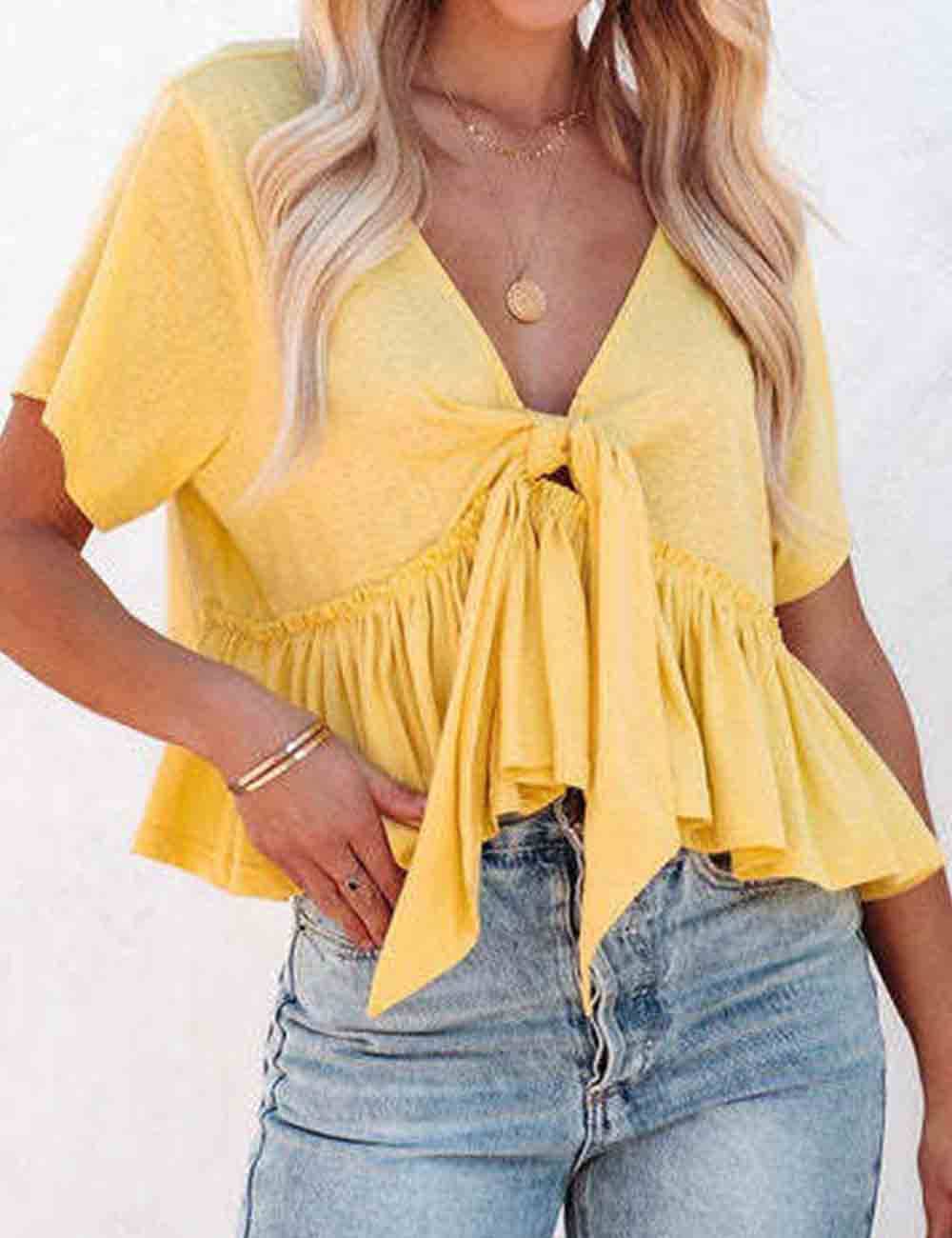 Ruffle String Tie Short Sleeves Top