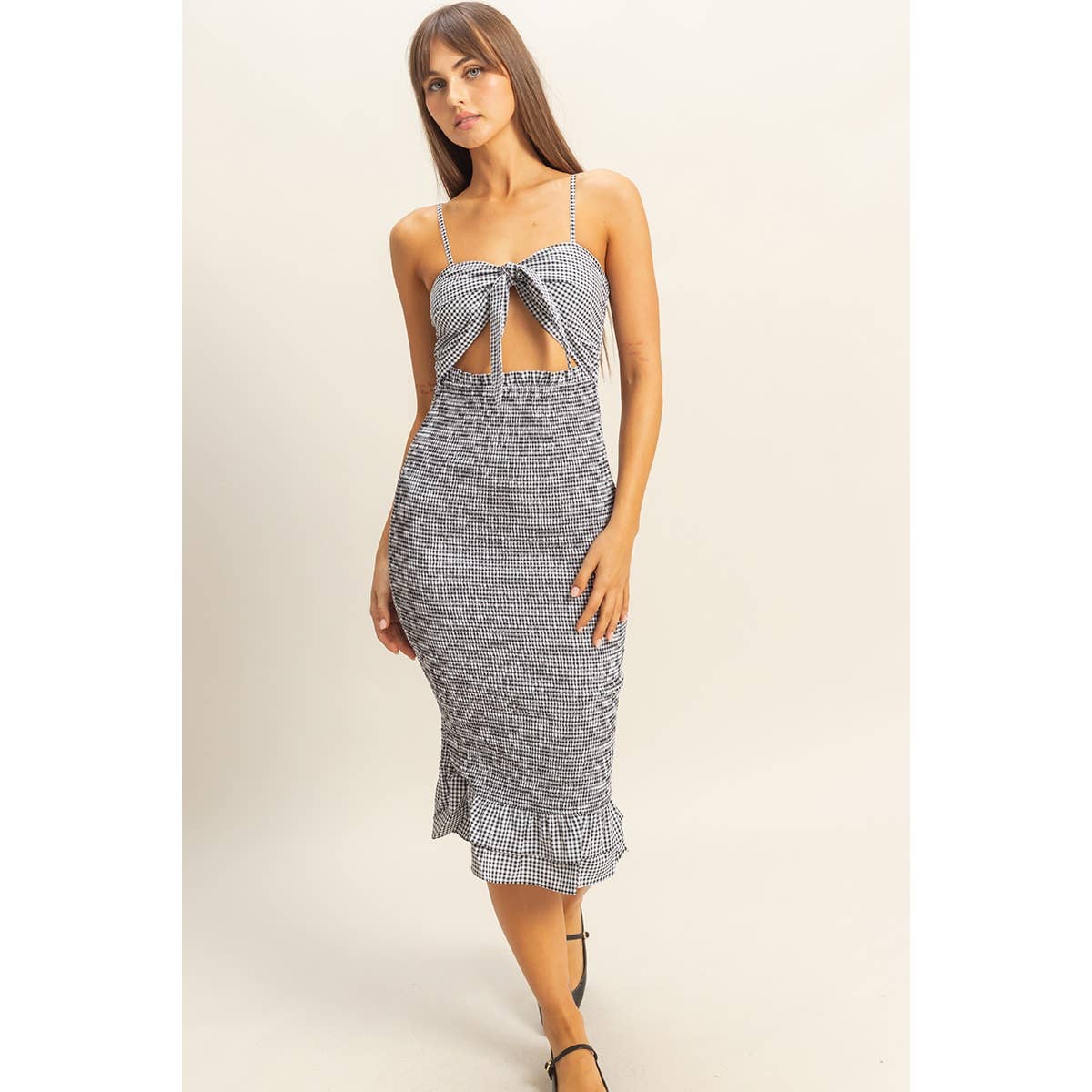 Gingham Smocked Cutout Midi Dress