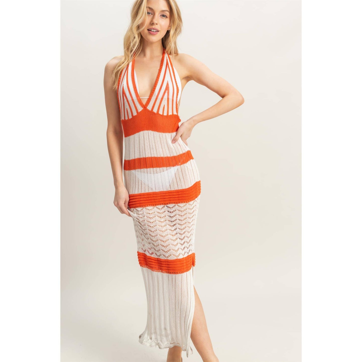 Crochet Striped Halter Coverup Maxi Dress