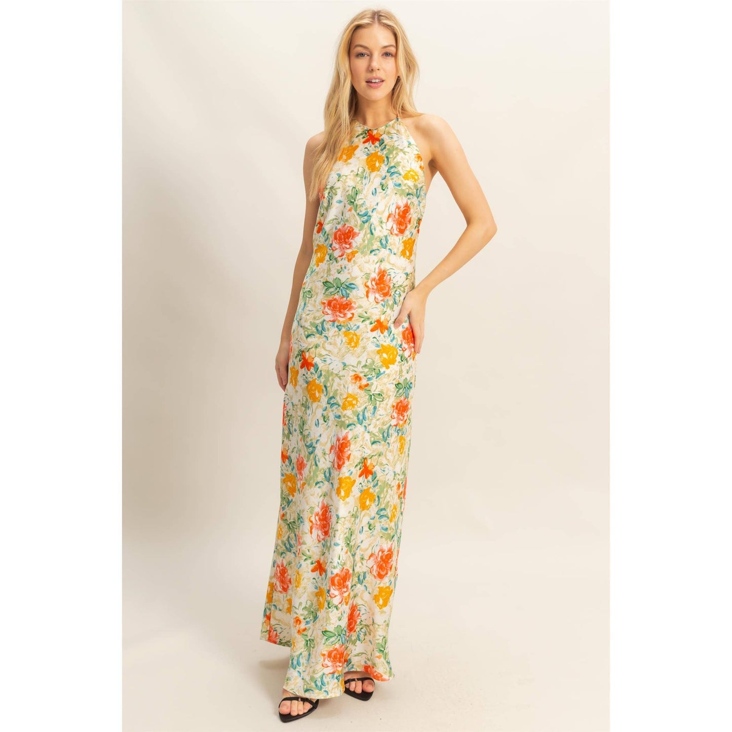 Floral Print Halter Neck Satin Maxi Dress