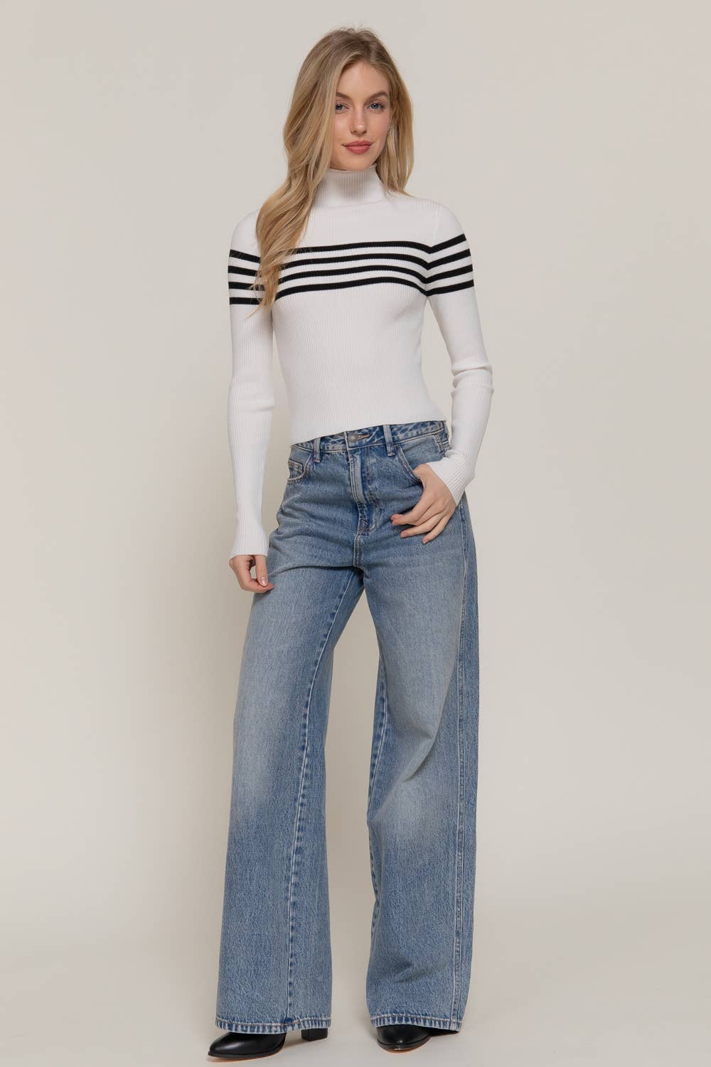 High Neck Stripe Sweater Top