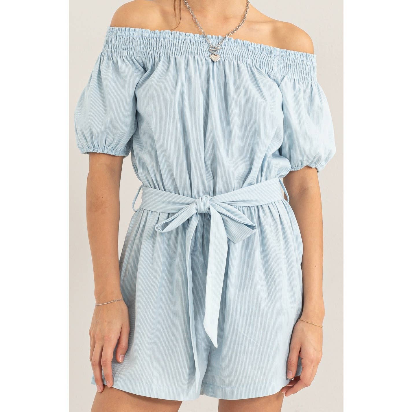 Denim Pin-striped Off Shoulder Romper