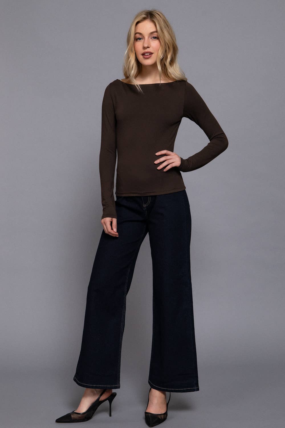 Long Sleeve Boat Neck Knit Top