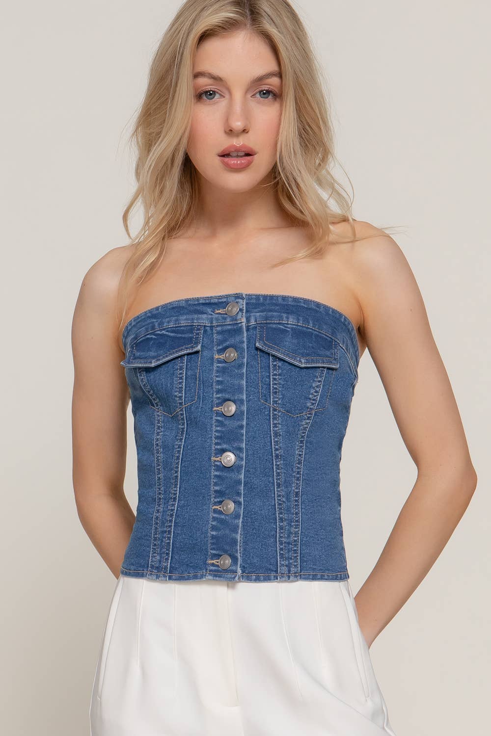 Button Denim Tube Top
