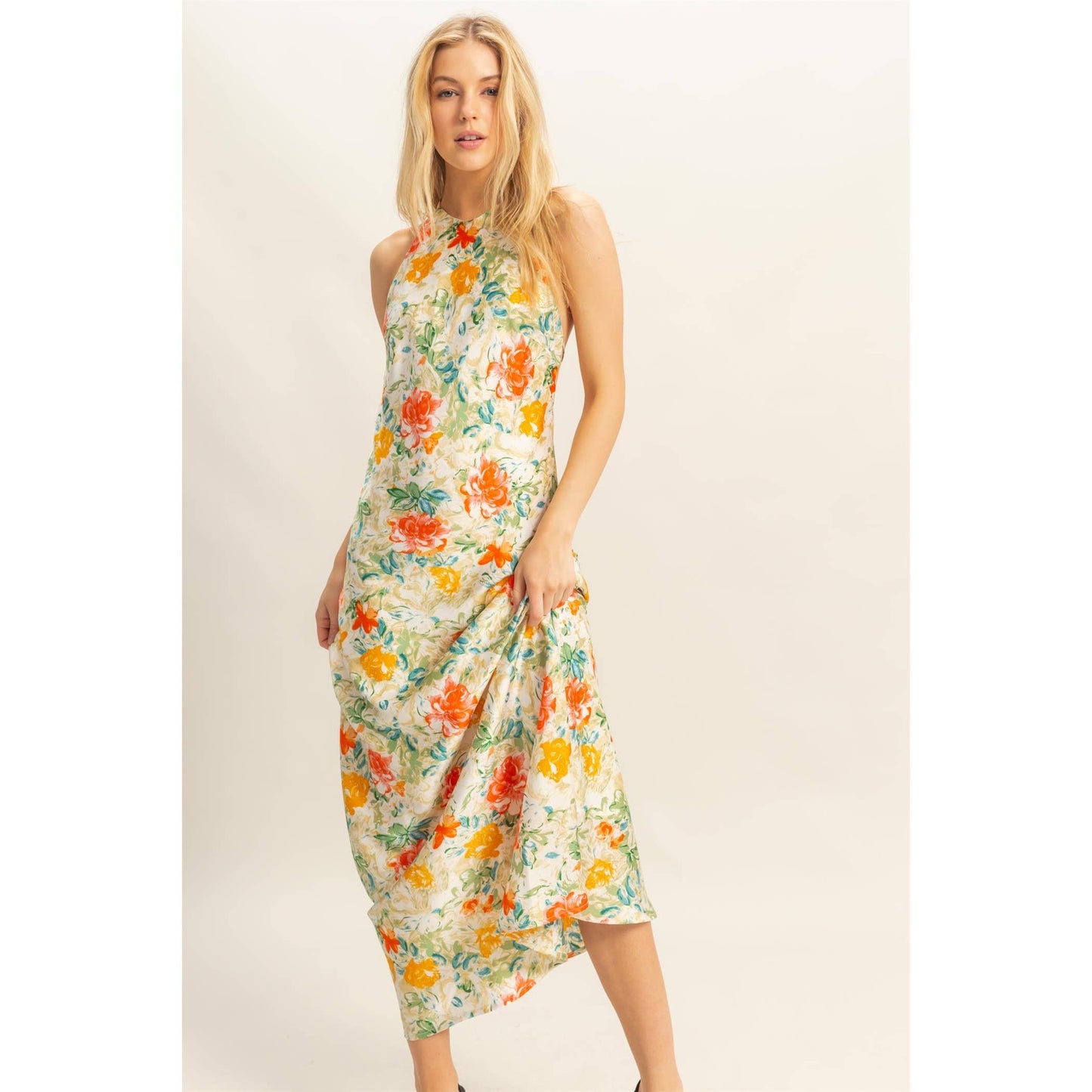 Floral Print Halter Neck Satin Maxi Dress