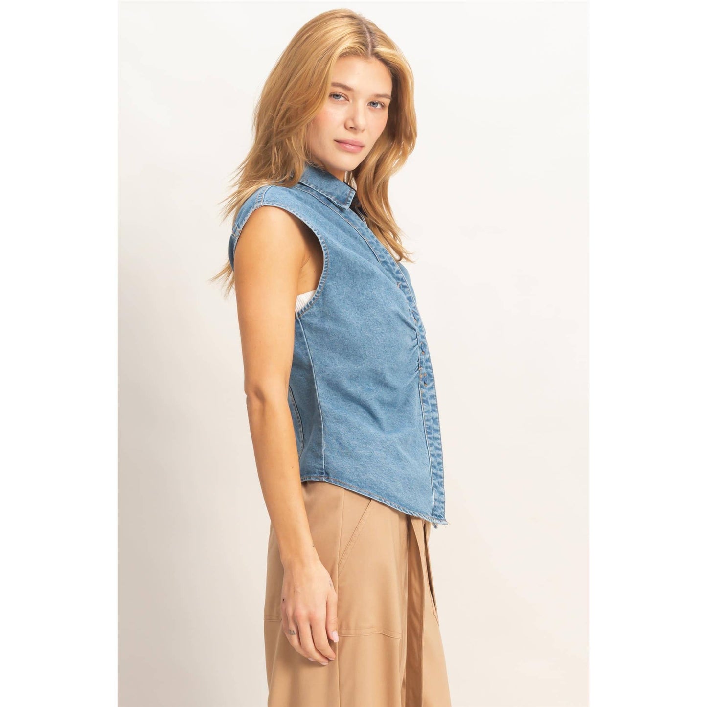 Sleeveless Denim Button-Up Top