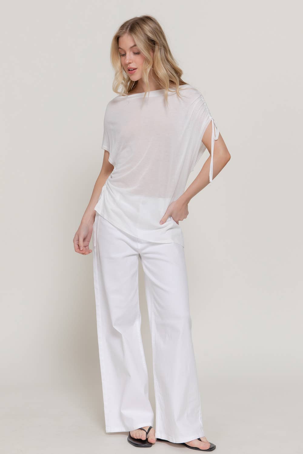 Asymmetric Drawstring Sheer Top