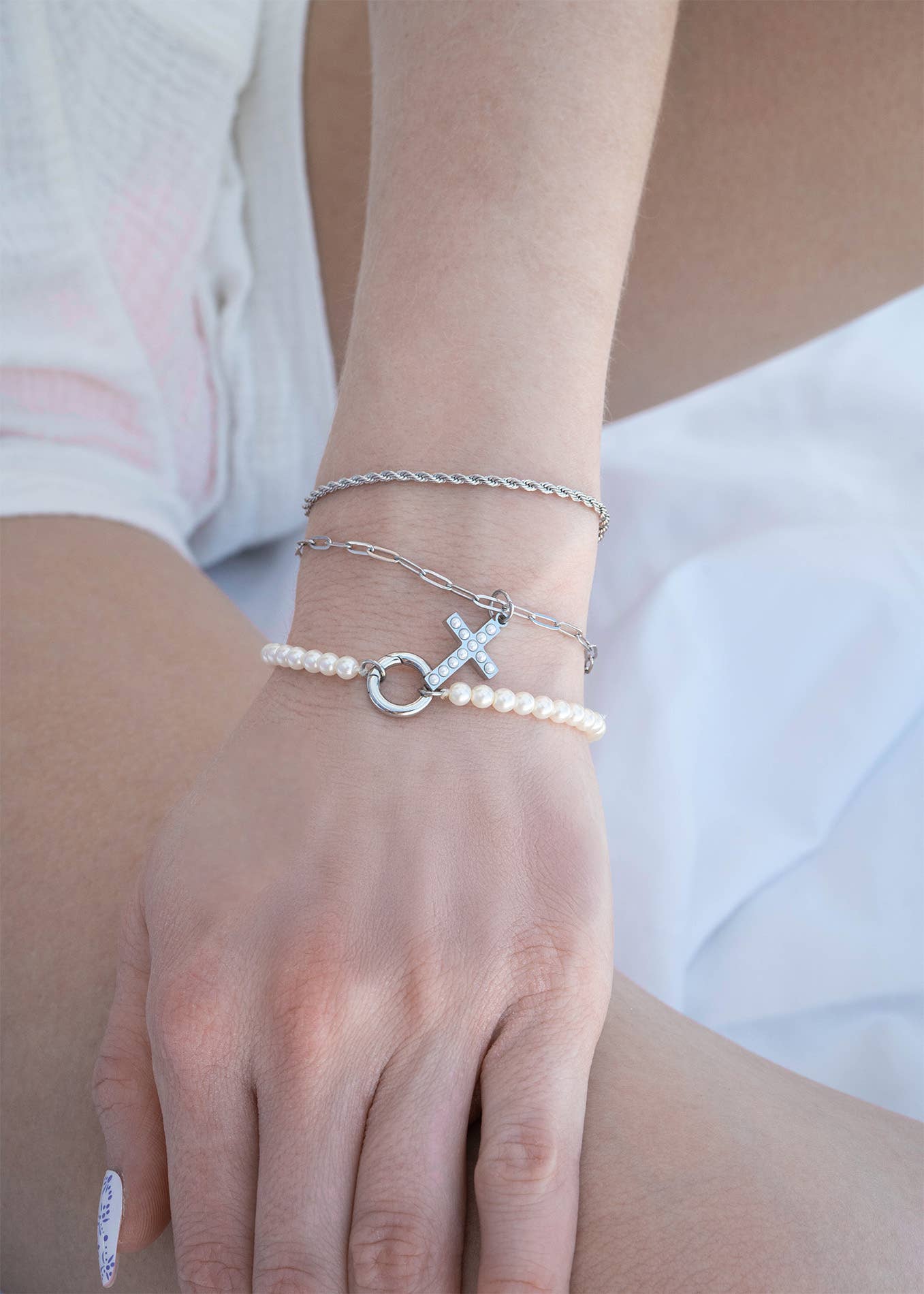Stainless Beaded Pearl Charm Keeper Bracelet
