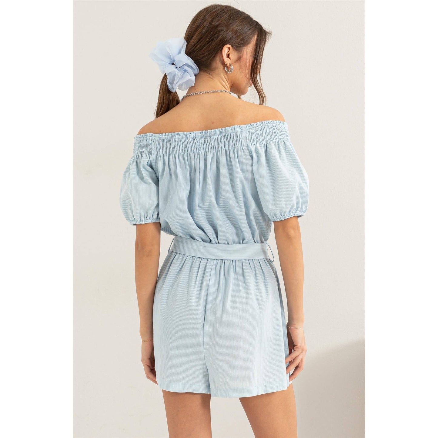 Denim Pin-striped Off Shoulder Romper