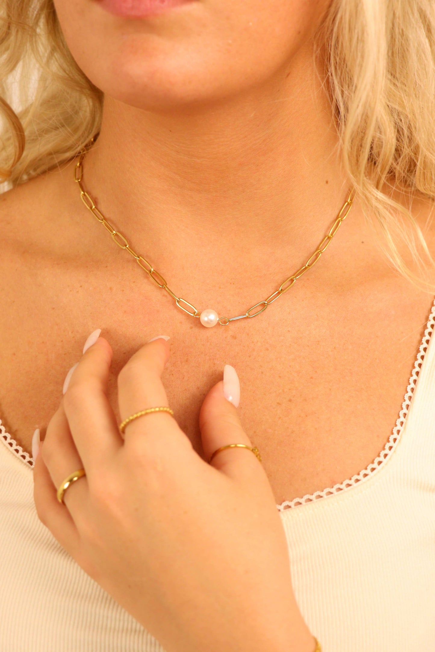 Paperclip Necklace With Pearl 18"