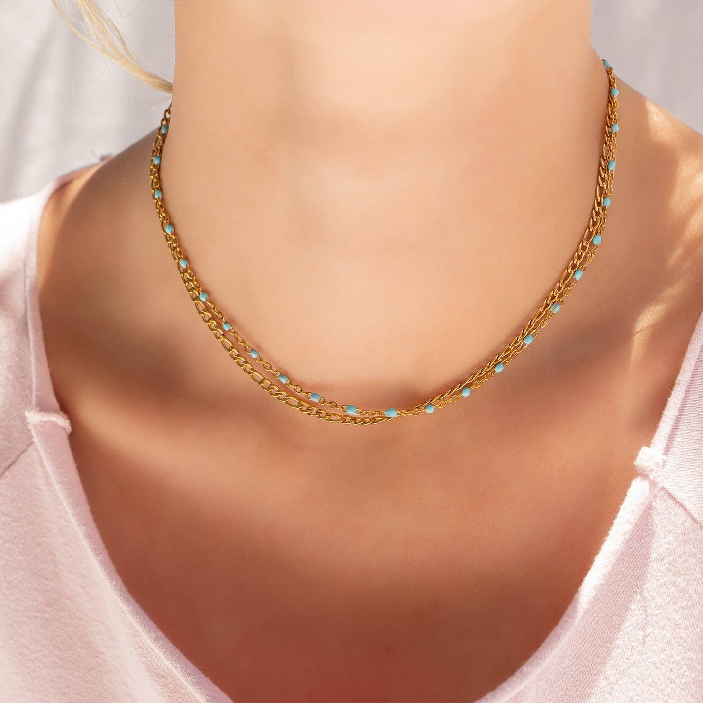 Gold Turquoise Chain Necklace: 16"