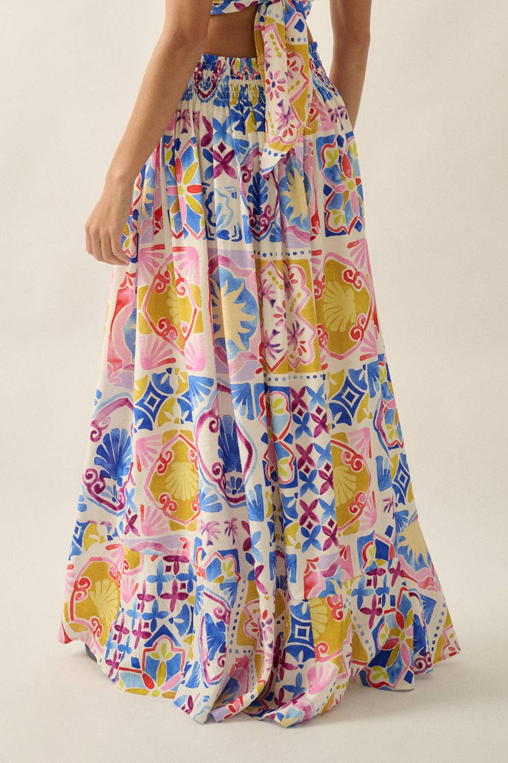 Summer Sun Smocked-Waist Half-Button Maxi Skirt