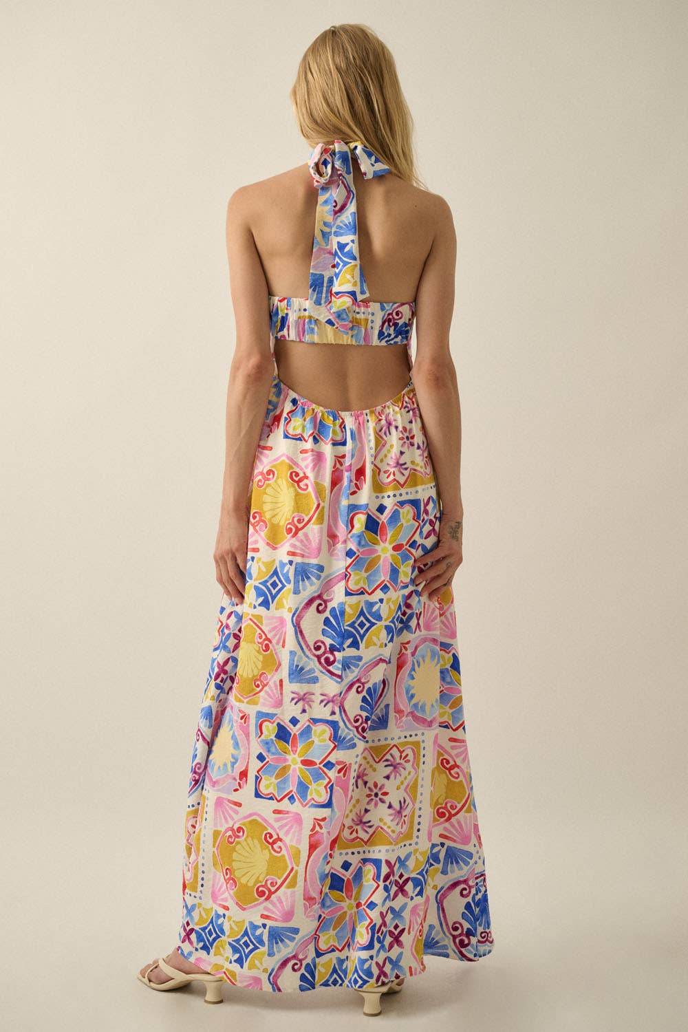 Summer Sun Open-Back Halter Maxi Dress