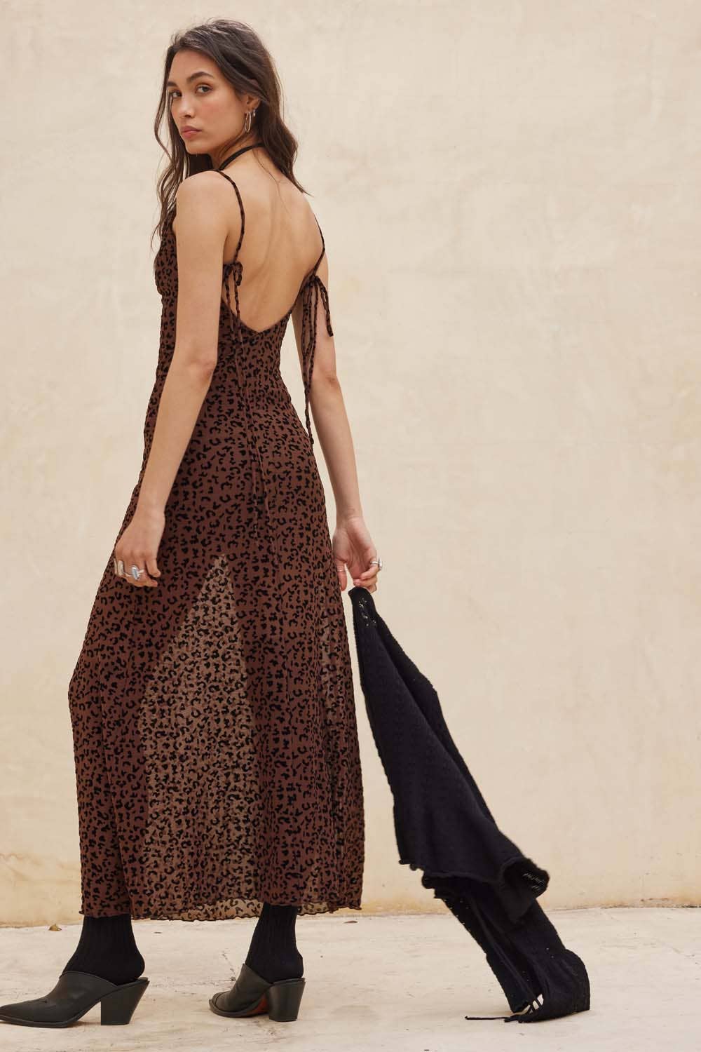 Flocked Leopard Mesh Cowl-Neck Maxi Dress