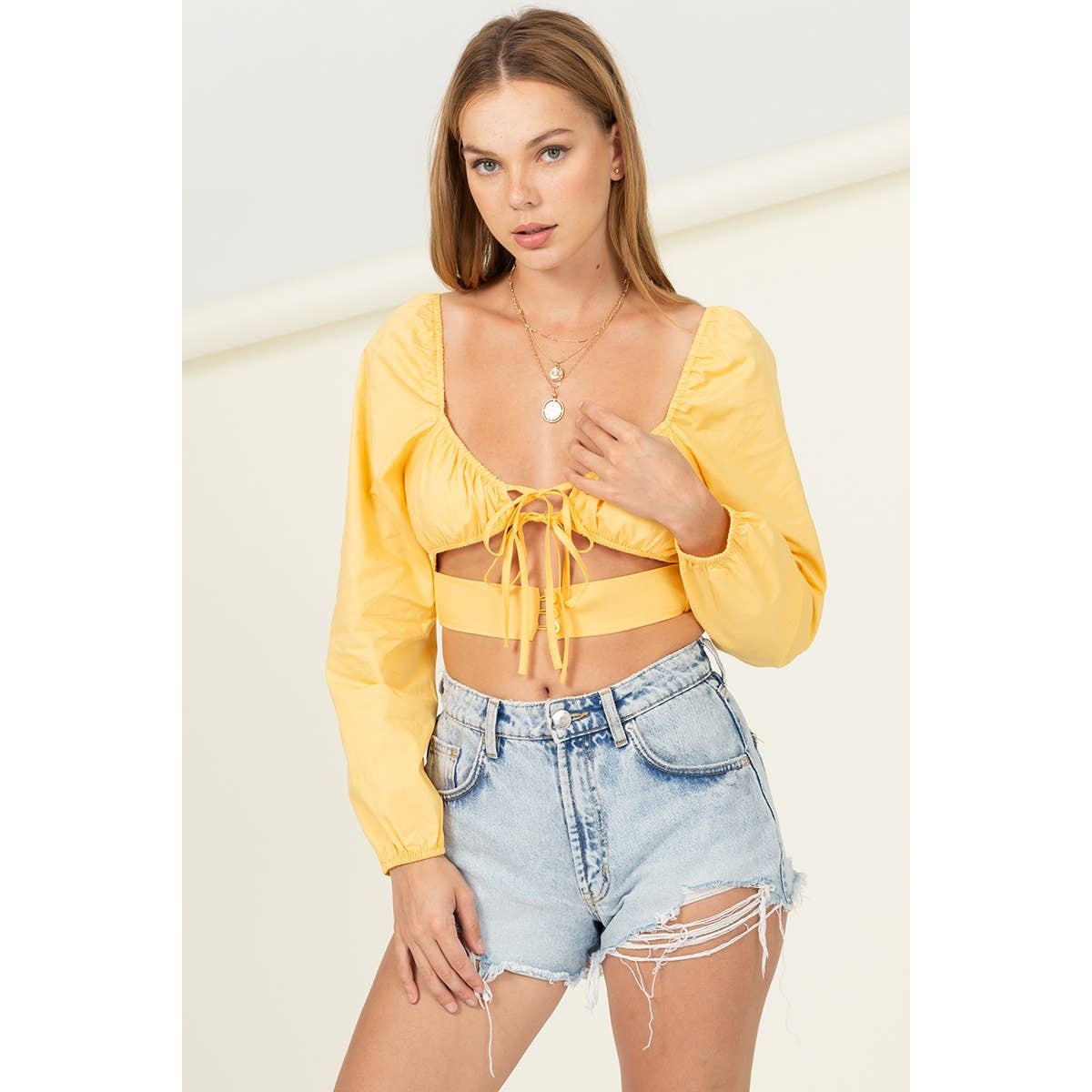 TIE FRONT CUTOUT BLOUSE