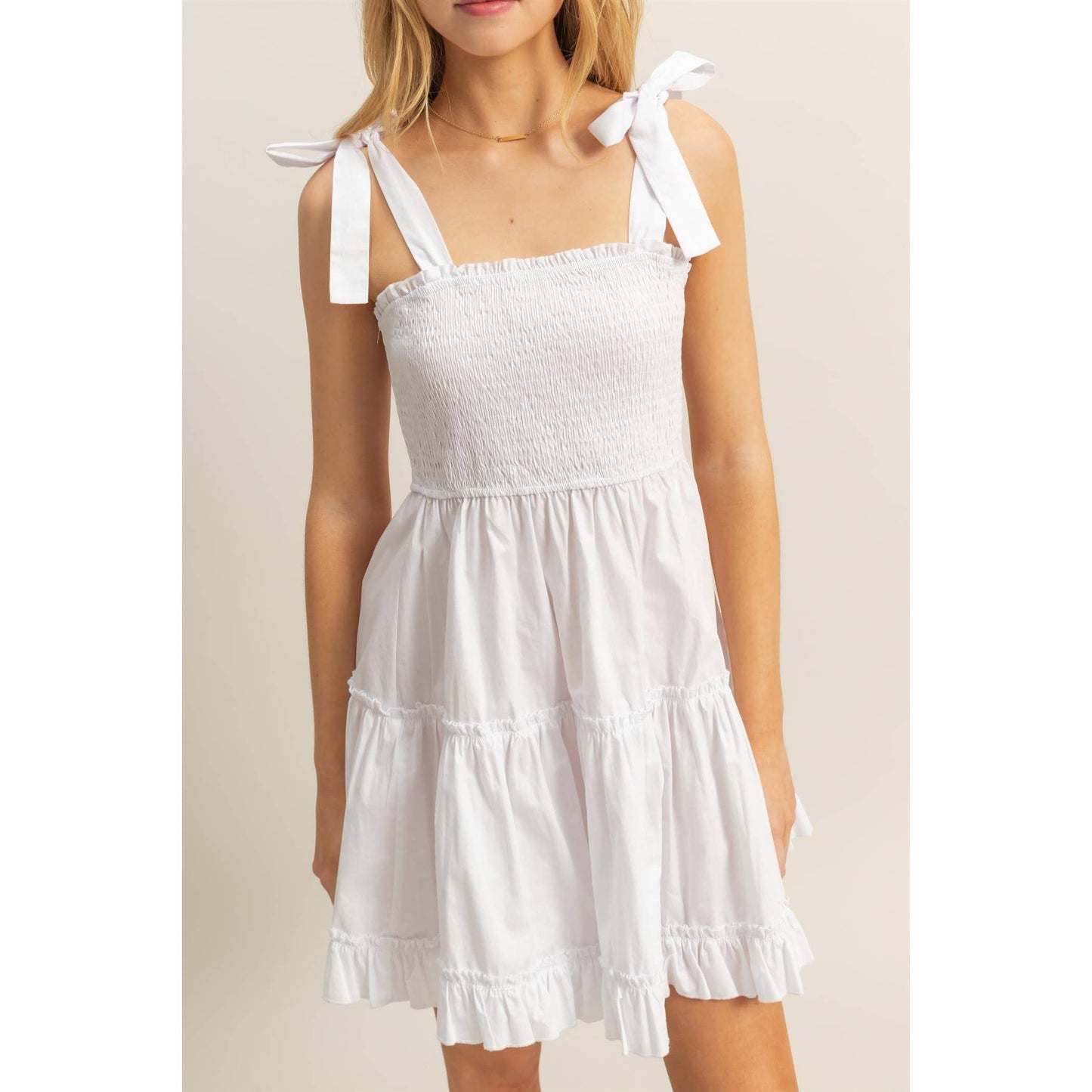 Poplin Self-Tie Straps Tiered Mini Dress