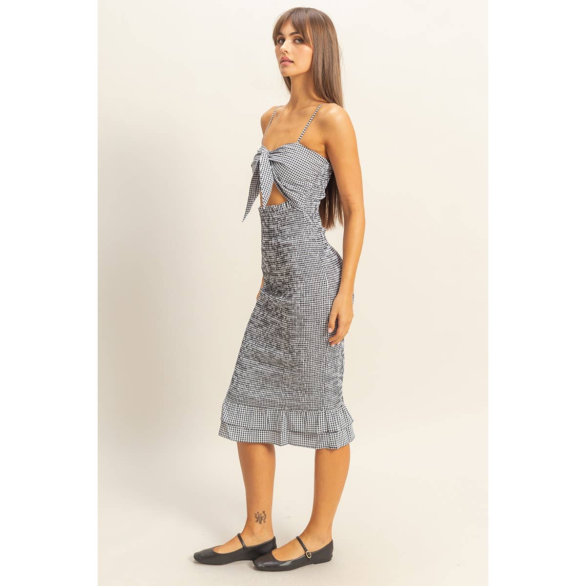 Gingham Smocked Cutout Midi Dress