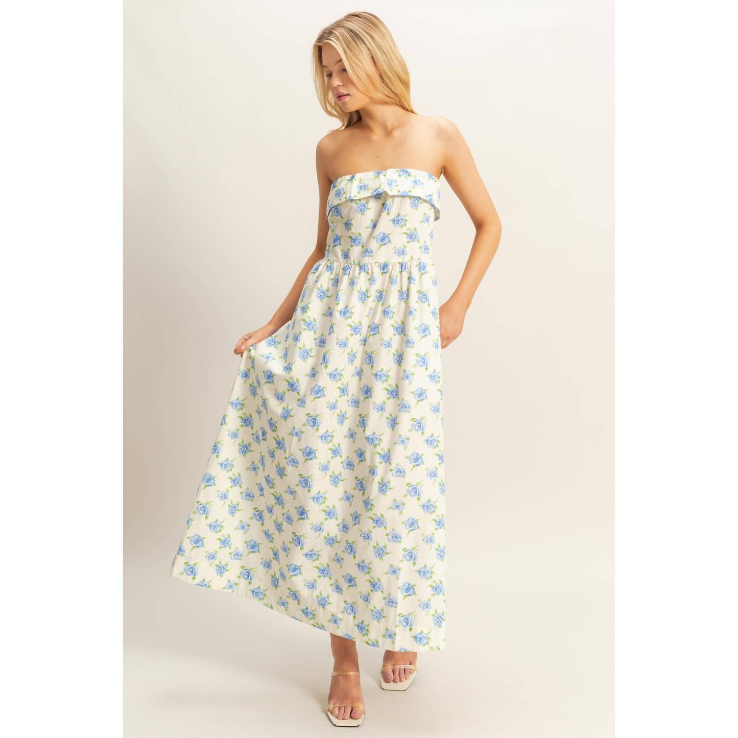 Floral Foldover Neck Tube Maxi Dress