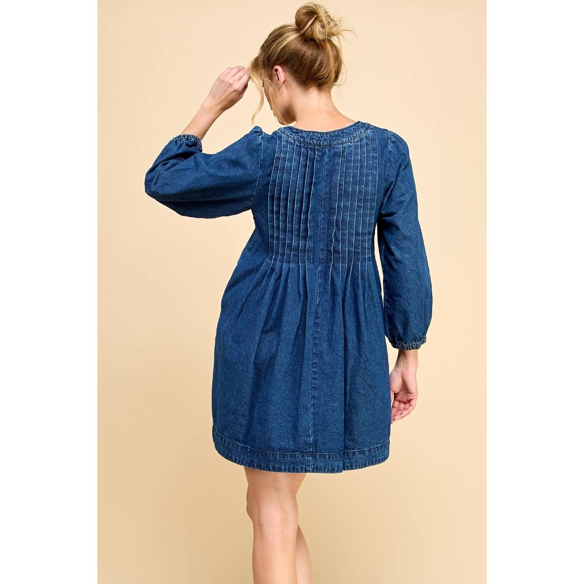 V-neck Pleated Denim Dress