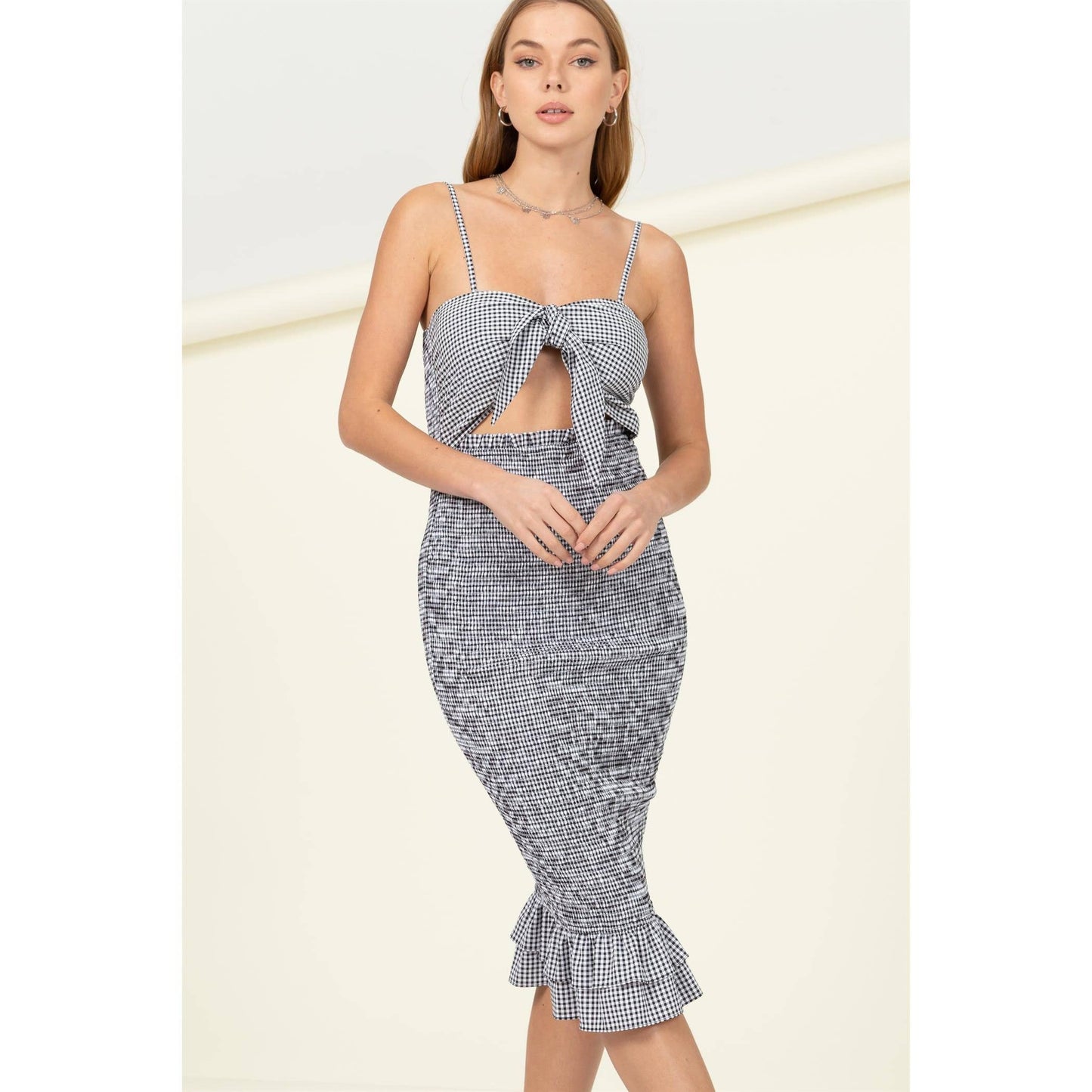 Gingham Smocked Cutout Midi Dress