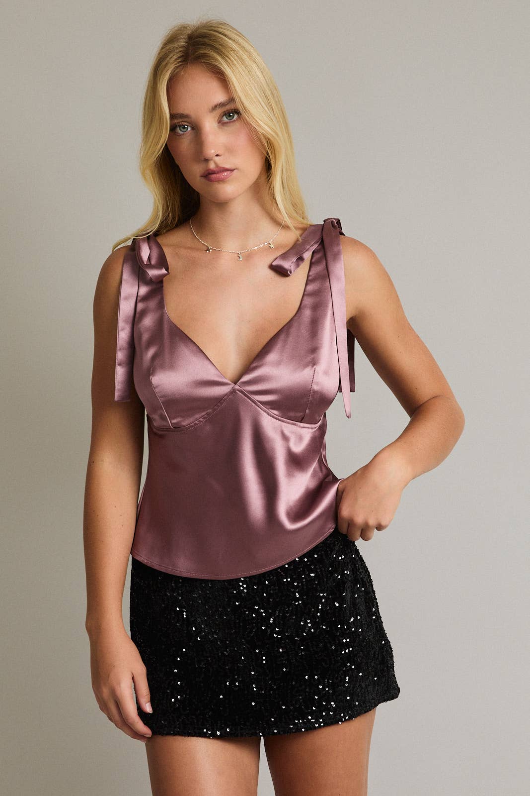 Sleeveless V-Neck Bow Shoulder Satin Top