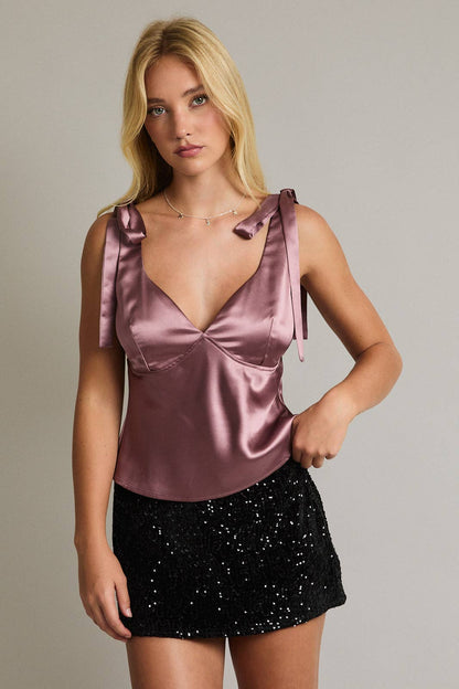 Sleeveless V-Neck Bow Shoulder Satin Top