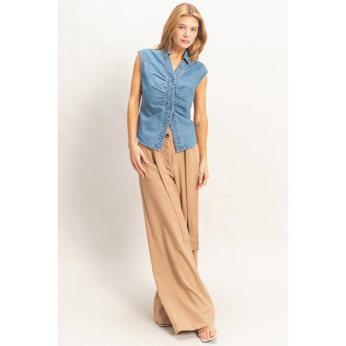 Sleeveless Denim Button-Up Top