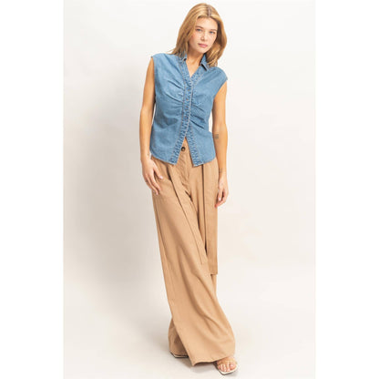 Sleeveless Denim Button-Up Top