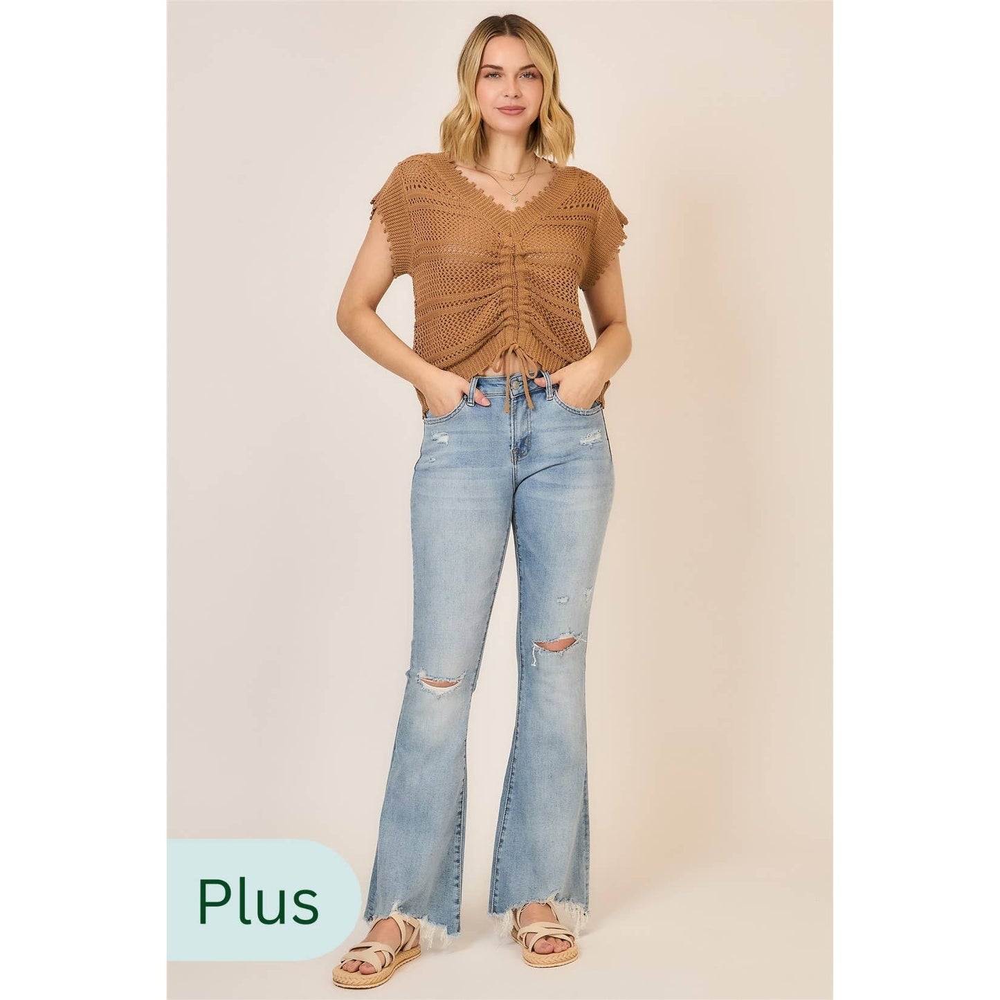 PLUS Ruched V Neck Short Sleeve Top