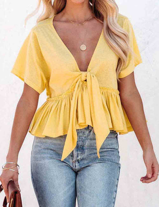 Ruffle String Tie Short Sleeves Top