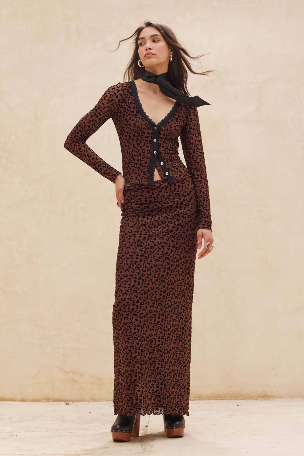Leopard Mesh Straight Maxi Skirt