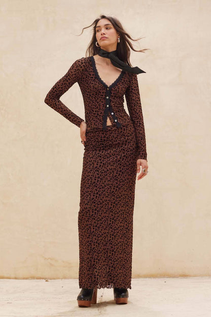 Leopard Mesh Straight Maxi Skirt